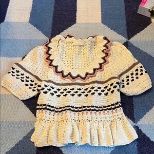 Ulla Johnson Cream Crochet Top with Pink and Black Trim